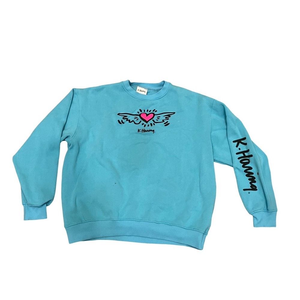 Blue Keith Haring Graphic Crewneck Sweatshirt Size large Heart w/Wings Adult